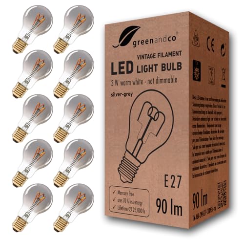 10x greenandco E27 LED Vintage Glühbirne, extra warmweißes Licht, silbergraue Retro Glühbirne E27, klassische Form | 1800 K Leuchtmittel | 230 V von greenandco