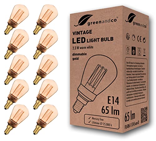 greenandco 10x dimmbare Vintage Design LED Lampe E14 ST45 2,3W 65lm 1800K gold extra warmweiß 320° 230V flimmerfrei Edison Glühbirne zur Stimmungsbeleuchtung, 2 Jahre Garantie von greenandco