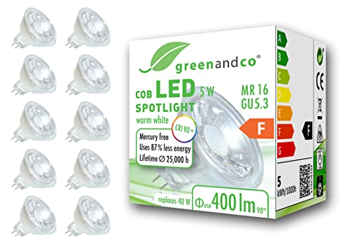 10x greenandco® CRI 90+ MR16 GU5.3 LED Spot, 5W 400 lm 38° 3000K warmweiß COB LED 12V AC/DC, nicht dimmbar, 2 Jahre Garantie von greenandco