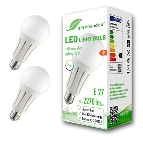 greenandco 2x CRI 90+ LED Lampe ersetzt 140 Watt E27 Birne matt, 24W 2270 Lumen 3000K warmweiß 270° 230V AC, flimmerfrei, nicht dimmbar, 2 Jahre Garantie von greenandco