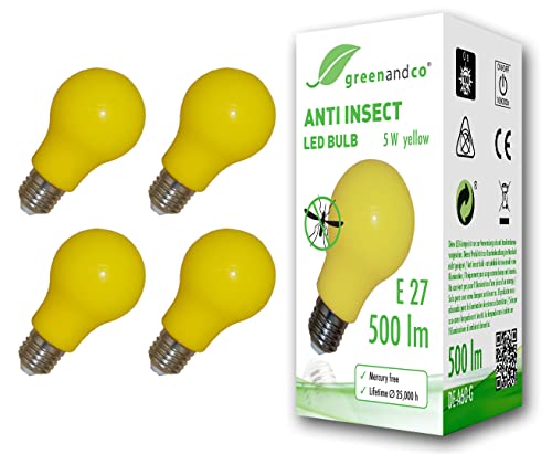 4x greenandco® Anti-Insekten LED Glühbirne E27, 560-580nm Wellenlänge, gelb, Nicht dimmbar, 2 Jahre Garantie von greenandco