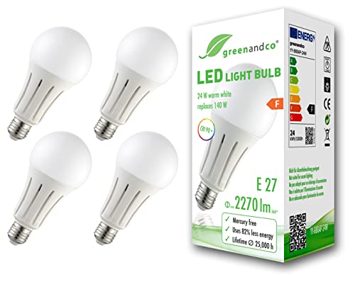 greenandco 4x CRI 90+ LED Lampe ersetzt 140 Watt E27 Birne matt, 24W 2270 Lumen 3000K warmweiß 270° 230V AC, flimmerfrei, nicht dimmbar, 2 Jahre Garantie von greenandco