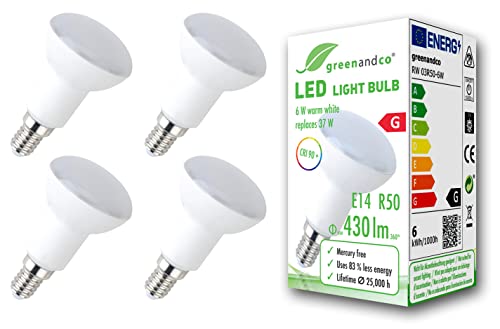 greenandco 4x CRI 90+ LED Lampe ersetzt 37 Watt R50 E14 matt, 6W 430 Lumen 3000K warmweiß 160° 230V AC, flimmerfrei, nicht dimmbar, 2 Jahre Garantie von greenandco