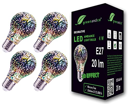 greenandco 4x Designer LED Lampe mit 3D Feuerwerks-Effekt zur dekorativen Stimmungsbeleuchtung E27 A60 Edison Glühbirne 4W 20lm 230V flimmerfrei nicht dimmbar 2 Jahre Garantie von greenandco