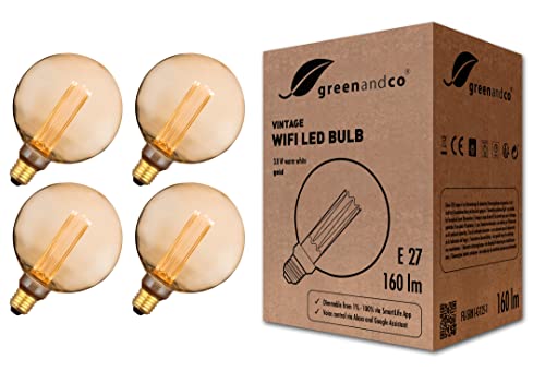 greenandco 4x Smart WiFi Vintage Design LED Lampe E27 G125, 3.8W 160lm 1800K 320° 230V, flimmerfrei, dimmbar, kompatibel mit Alexa und Google Assistant, WLAN (ohne Hub), 2 Jahre Garantie von greenandco