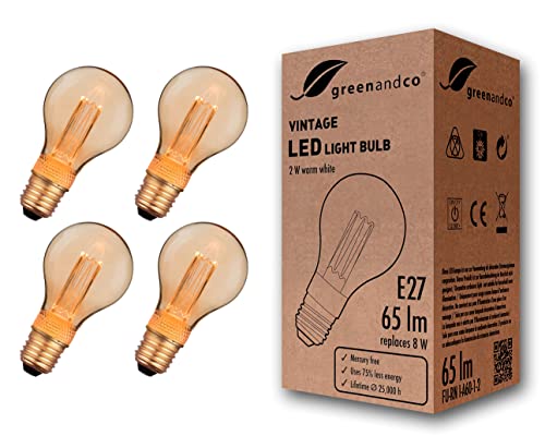 greenandco 4x Vintage Design LED Birne zur Stimmungsbeleuchtung E27 A60 Edison Glühbirne, 2W 65lm 1800K gold extra warmweiß 320° 230V flimmerfrei, nicht dimmbar, 2 Jahre Garantie von greenandco