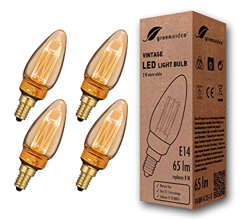 greenandco 4x Vintage Design LED Birne zur Stimmungsbeleuchtung | E14 C35 | gold | 2W 65lm | 1800K extra warmweiß | 320° | 230V | flimmerfrei | nicht dimmbar | Edison Glühbirne von greenandco
