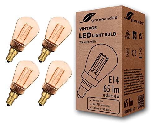 greenandco 4x Vintage Design LED Birne zur Stimmungsbeleuchtung | E14 ST45 | gold | 2W 65lm | 1800K extra warmweiß | 320° | 230V | flimmerfrei | nicht dimmbar | Edison Glühbirne von greenandco