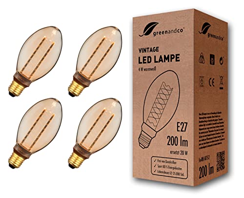 greenandco 4x Vintage Design LED Birne zur Stimmungsbeleuchtung | E27 B75 | gold | 4W 200lm | 1800K extra warmweiß | 320° | 230V | flimmerfrei | nicht dimmbar | Edison Glühbirne von greenandco
