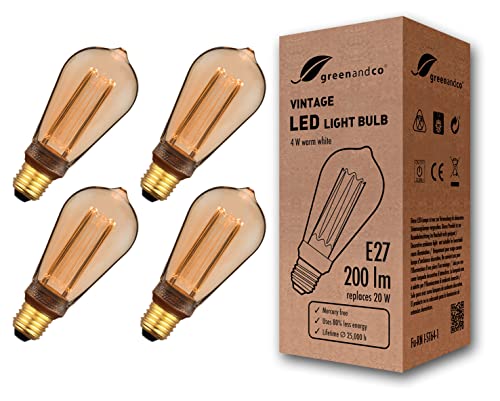 greenandco 4x Vintage Design LED Birne zur Stimmungsbeleuchtung | E27 ST64 | gold | 4W 200lm | 1800K extra warmweiß | 320° | 230V | flimmerfrei | nicht dimmbar | Edison Glühbirne von greenandco
