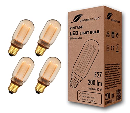 greenandco 4x Vintage Design LED Birne zur Stimmungsbeleuchtung | E27 T45 | gold | 4W 200lm | 1800K extra warmweiß | 320° | 230V | flimmerfrei | nicht dimmbar | Edison Glühbirne von greenandco