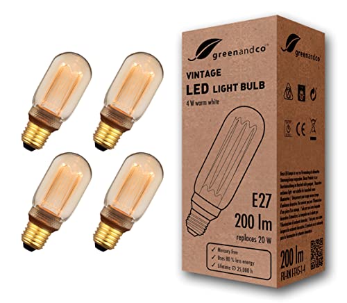 greenandco 4x Vintage Design LED Lampe zur Stimmungsbeleuchtung E27 T45 Edison Glühbirne, 4W 200lm 1800K gold extra warmweiß 320° 230V flimmerfrei, nicht dimmbar, 2 Jahre Garantie von greenandco