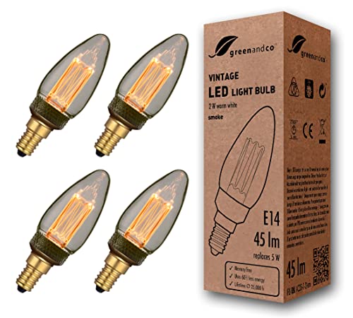 greenandco 4x Vintage Design LED Birne zur Stimmungsbeleuchtung | E14 C35 | smoke | 2W 45lm | 1800K extra warmweiß | 320° | 230V | flimmerfrei | nicht dimmbar | Edison Glühbirne von greenandco
