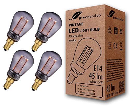 greenandco 4x Vintage Design LED Lampe zur Stimmungsbeleuchtung E14 ST45 Edison Glühbirne 2W 45lm 2000K smoke extra warmweiß 320° 230V flimmerfrei, nicht dimmbar, 2 Jahre Garantie von greenandco