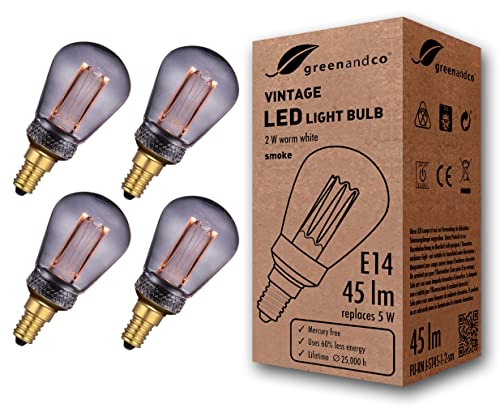 greenandco 4x Vintage Design LED Birne zur Stimmungsbeleuchtung | E14 ST45 | smoke | 2W 45lm | 1800K extra warmweiß | 320° | 230V | flimmerfrei | nicht dimmbar | Edison Glühbirne von greenandco