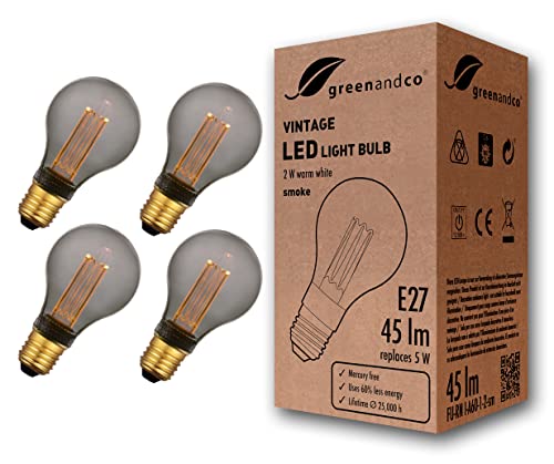 greenandco 4x Vintage Design LED Birne zur Stimmungsbeleuchtung | E27 A60 | smoke | 2W 45lm | 1800K extra warmweiß | 320° | 230V | flimmerfrei | nicht dimmbar | Edison Glühbirne von greenandco