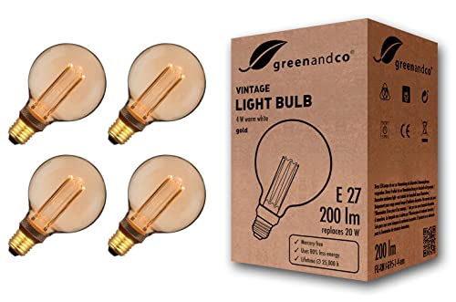 greenandco 4x Vintage Design LED Lampe zur Stimmungsbeleuchtung E27 G95 Edison Glühbirne 4W 200lm 1800K gold extra warmweiß 320° 230V flimmerfrei, nicht dimmbar, 2 Jahre Garantie von greenandco