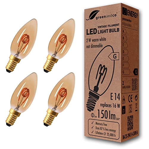 greenandco 4x Vintage Glühfaden LED Kerze gold E14 C35 2W 150lm 2000K extra warmweiß 360° 230V flimmerfrei, nicht dimmbar, 2 Jahre Garantie von greenandco