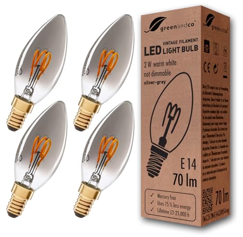 greenandco 4x Vintage Glühfaden LED Kerze | silbergrau | E14 C35 | 2W 70lm | 1800K extra warmweiß | 360° | 230V | flimmerfrei | nicht dimmbar von greenandco
