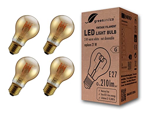 greenandco 4x Vintage Glühfaden LED Lampe gold E27 A60 3W 210lm 2000K extra warmweiß 360° 230V flimmerfrei, nicht dimmbar, 2 Jahre Garantie von greenandco