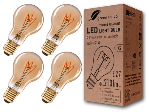 greenandco 4x Vintage Glühfaden LED Lampe | gold | E27 A60 | 3W 210lm | 2000K extra warmweiß | 360° | 230V | flimmerfrei | nicht dimmbar von greenandco