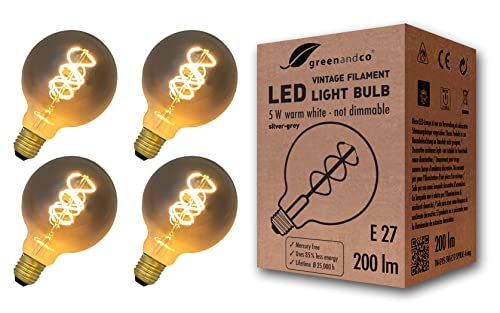 4x greenandco® Vintage Glühfaden LED Lampe silbergrau E27 G95 5W 200lm 1800K extra warmweiß 360° 230V nicht dimmbar 2 Jahre Garantie von greenandco