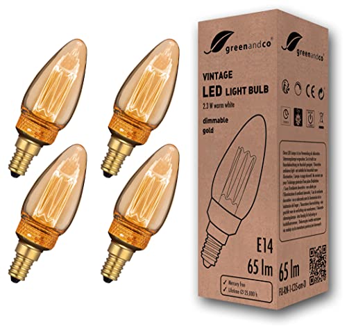 greenandco 4x dimmbare Vintage Design LED Birne zur Stimmungsbeleuchtung | E14 C35 | gold | 2,3W 65lm | 1800K extra warmweiß | 320° | 230V | flimmerfrei | Edison Glühbirne von greenandco