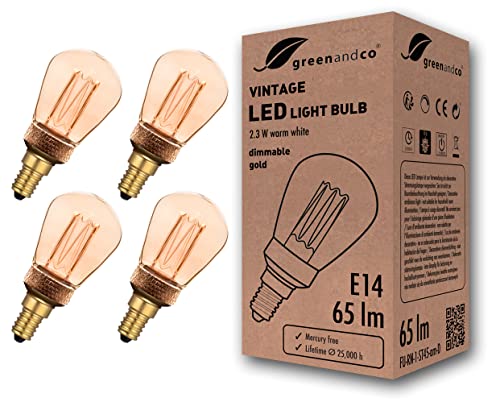 greenandco 4x dimmbare Vintage Design LED Lampe E14 ST45 2,3W 65lm 1800K gold extra warmweiß 320° 230V flimmerfrei Edison Glühbirne zur Stimmungsbeleuchtung, 2 Jahre Garantie von greenandco