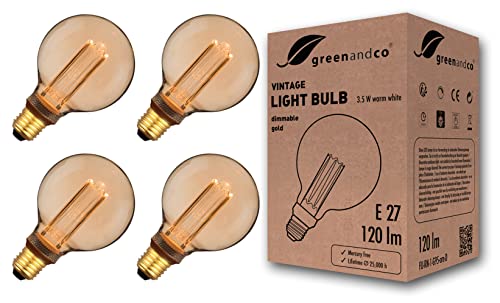 greenandco 4x dimmbare Vintage Design LED Birne zur Stimmungsbeleuchtung | E27 G95 | gold | 3,5W 120lm | 1800K extra warmweiß | 320° | 230V | flimmerfrei | Edison Glühbirne von greenandco