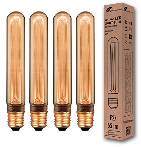 greenandco 4x dimmbare Vintage Design LED Lampe E27 T30 2,3W 65lm 1800K gold extra warmweiß 320° 230V flimmerfrei Edison Glühbirne zur Stimmungsbeleuchtung, 2 Jahre Garantie von greenandco