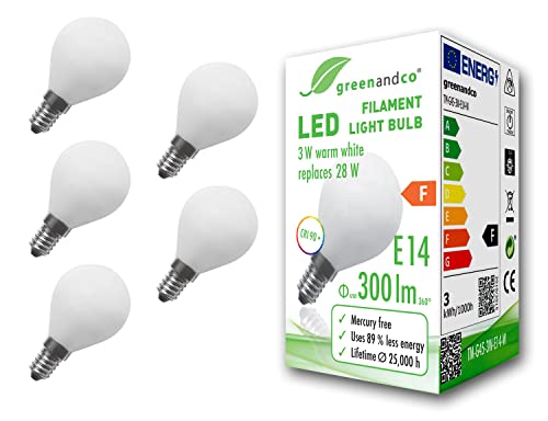 greenandco 5x CRI 90+ Glühfaden LED Lampe | matt | ersetzt 28 Watt E14 G45 Globe, 3W 300 Lumen | 2700K warmweiß | Filament Fadenlampe | 360° 230V AC | nicht dimmbar | flimmerfrei | 2 Jahre Garantie von greenandco