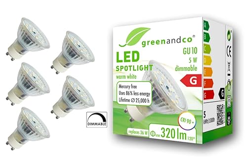 5x greenandco® CRI 90+ GU10 LED Spot dimmbar, 5W 320 lm 110° 3000K warmweiß 230V, flimmerfrei, 2 Jahre Garantie von greenandco
