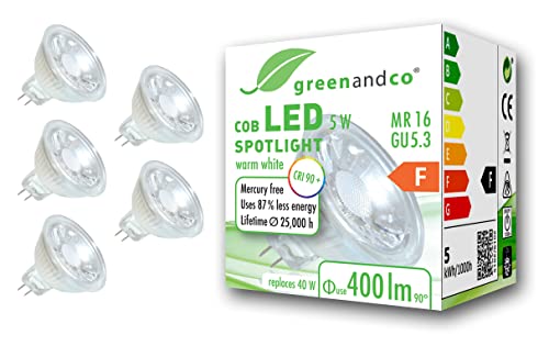 5x greenandco® CRI 90+ MR16 GU5.3 LED Spot, 5W 400 lm 38° 3000K warmweiß COB LED 12V AC/DC, nicht dimmbar, 2 Jahre Garantie von greenandco