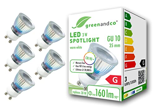 5x greenandco® CRI 90+ GU10 35mm LED Spot, 3W 160 lm 50° 3000K warmweiß 230V, flimmerfrei, nicht dimmbar, 2 Jahre Garantie von greenandco