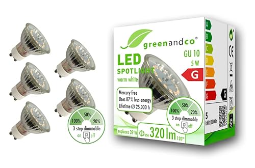 5x greenandco® CRI 90+ GU10 LED Spot dimmbar ohne Dimmer, 5W 320 lm 110° 3000K warmweiß 230V, flimmerfrei, 2 Jahre Garantie von greenandco