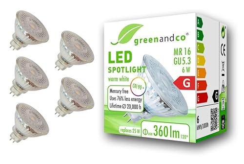 greenandco 5x CRI 90+ MR16 GU5.3 LED Spot, 6W 360 lm 110° 3000K warmweiß 12V AC/DC, nicht dimmbar, 2 Jahre Garantie von greenandco