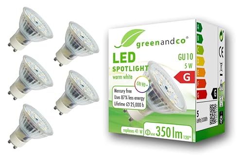 5x greenandco® CRI 90+ GU10 LED Spot, 5W 350 lm 110° 3000K warmweiß 230V, flimmerfrei, nicht dimmbar, 2 Jahre Garantie von greenandco