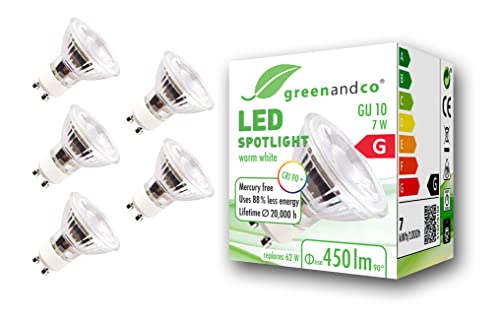 greenandco 5x CRI 90+ GU10 LED Spot, 7W 450 lm 36° 3000K warmweiß 230V, flimmerfrei, nicht dimmbar, 2 Jahre Garantie von greenandco