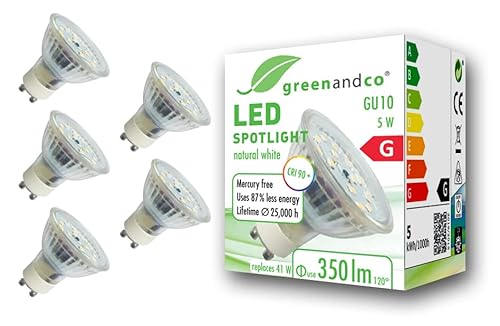 greenandco 5x CRI 90+ GU10 LED Spot, 5W 350 lm 110° 4000K neutralweiß 230V, flimmerfrei, nicht dimmbar, 2 Jahre Garantie von greenandco