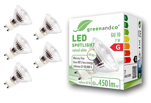 greenandco 5x GU10 LED Spot | 7W 450 lm | 4000K neutralweiß | 36° | 230V | CRI 90+ | flimmerfrei | nicht dimmbar von greenandco