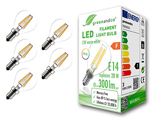 greenandco 5x CRI90+ Glühfaden LED Lampe | klar | ersetzt 28 Watt E14 G45 Globe, 3W 300 Lumen | 2700K warmweiß | Filament Fadenlampe | 360° 230V AC | nicht dimmbar | flimmerfrei | 2 Jahre Garantie von greenandco
