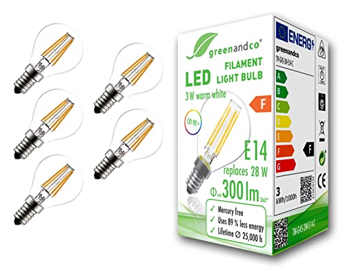 greenandco 5x CRI90+ Glühfaden LED Lampe ersetzt 28 Watt E14 G45 Globe, 3W 300 Lumen 2700K warmweiß Filament Fadenlampe 360° 230V AC nur Glas, nicht dimmbar, flimmerfrei, 2 Jahre Garantie von greenandco