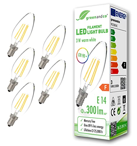 greenandco 5x CRI90+ Glühfaden LED Lampe ersetzt 28 Watt E14 Kerze, 3W 300 Lumen 2700K warmweiß Filament Fadenlampe 360° 230V AC nur Glas, nicht dimmbar, flimmerfrei, 2 Jahre Garantie von greenandco