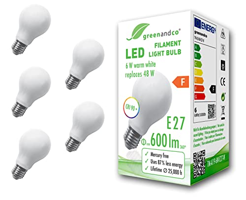 greenandco 5x CRI90+ Glühfaden LED Lampe ersetzt 48 Watt E27 Birne matt, 6W 600 Lumen 2700K warmweiß Filament Fadenlampe 360° 230V AC nur Glas, nicht dimmbar, flimmerfrei, 2 Jahre Garantie von greenandco