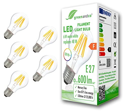 greenandco 5x CRI90+ Glühfaden LED Lampe ersetzt 48 Watt E27 Birne, 6W 600 Lumen 2700K warmweiß Filament Fadenlampe 360° 230V AC nur Glas, nicht dimmbar, flimmerfrei, 2 Jahre Garantie von greenandco