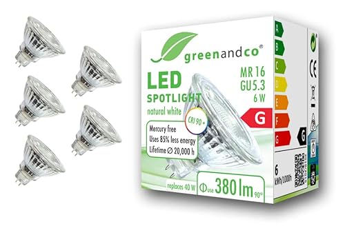 5x greenandco® CRI 90+ MR16 GU5.3 LED Spot, 6W 380 lm 36° 4000K neutralweiß 12V AC/DC, nicht dimmbar, 2 Jahre Garantie von greenandco