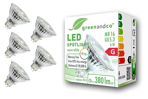 5x greenandco® CRI 90+ MR16 GU5.3 LED Spot, 6W 380 lm 36° 3000K warmweiß 12V AC/DC, nicht dimmbar, 2 Jahre Garantie von greenandco