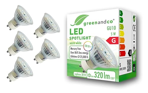 5x greenandco® CRI 97+ GU10 LED Spot, 5W 320 lm 110° 2700K warmweiß 230V, flimmerfrei, nicht dimmbar, 2 Jahre Garantie von greenandco