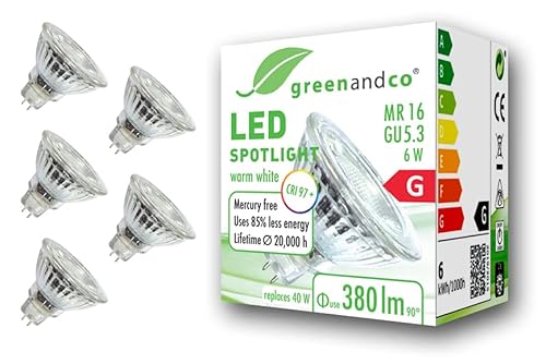 greenandco 5x CRI 97+ MR16 GU5.3 LED Spot, 6W 380 lm 36° 2700K warmweiß 12V AC/DC, nicht dimmbar, 2 Jahre Garantie von greenandco