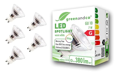greenandco 5x CRI 97+ GU10 LED Spot, 7W 380 lm 36° 2700K warmweiß 230V, flimmerfrei, nicht dimmbar, 2 Jahre Garantie von greenandco